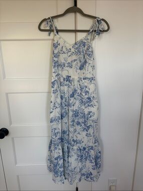 GAP White Maxi Dress with Blue Floral Print and Tie Straps